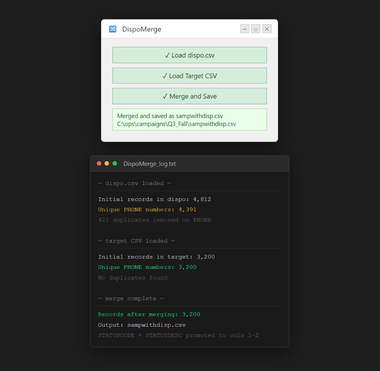 DispoMerge tool GUI and log output